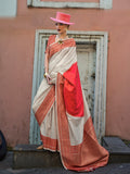 Off White and Red Silk Weaving Classic Saree for Sangeet