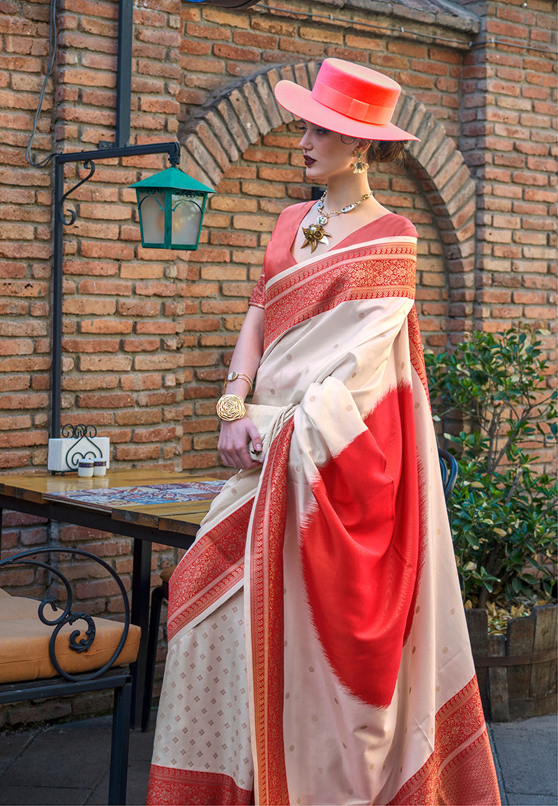 Off white and red classic silk woven saree
