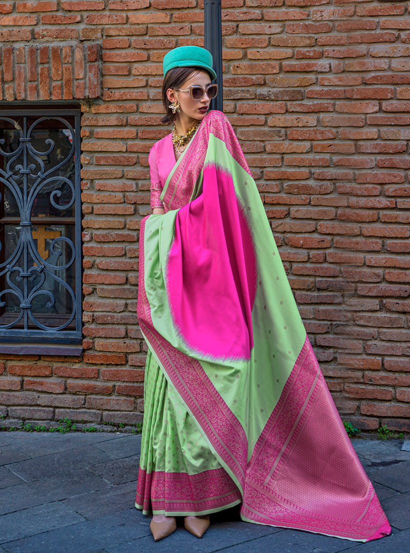 Green and rani handloom silk traditional saree with weaving work