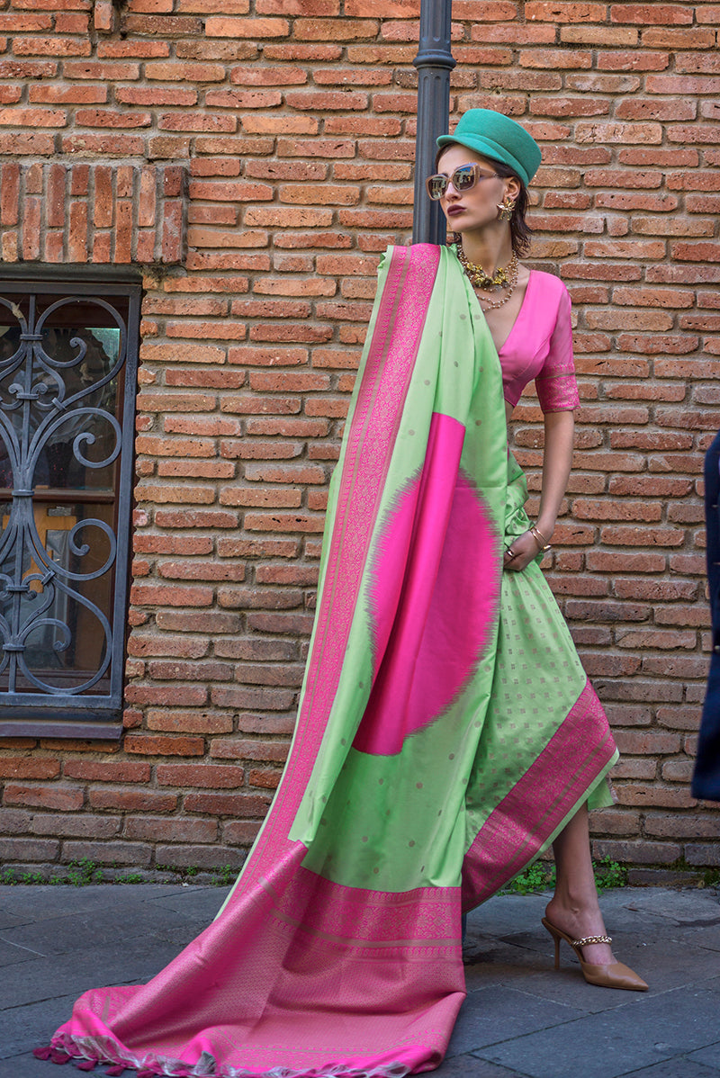 Green and Rani Handloom Silk Saree with Weaving Work