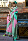 Monjolika Fashion Pink And Sea Green Weaving Silk Ceremonial Trendy Saree