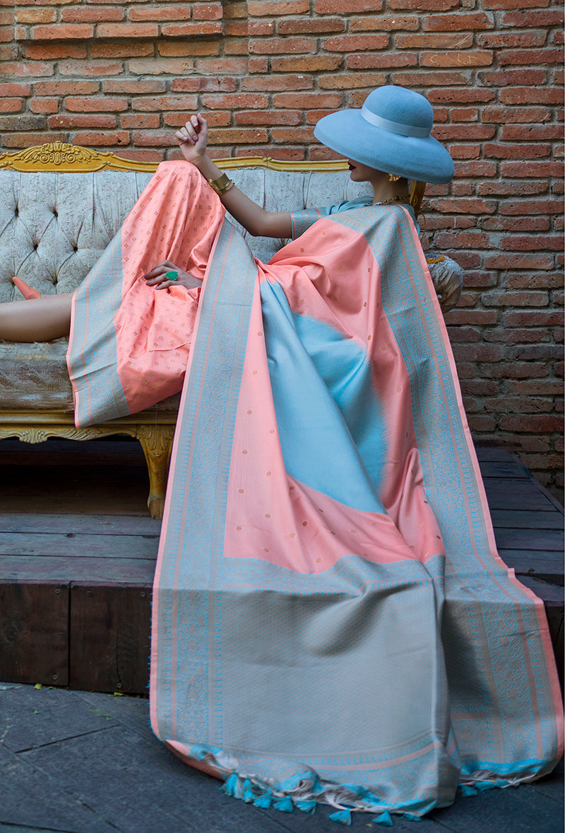 Light Blue and Peach Weaving Silk Festival Contemporary Saree