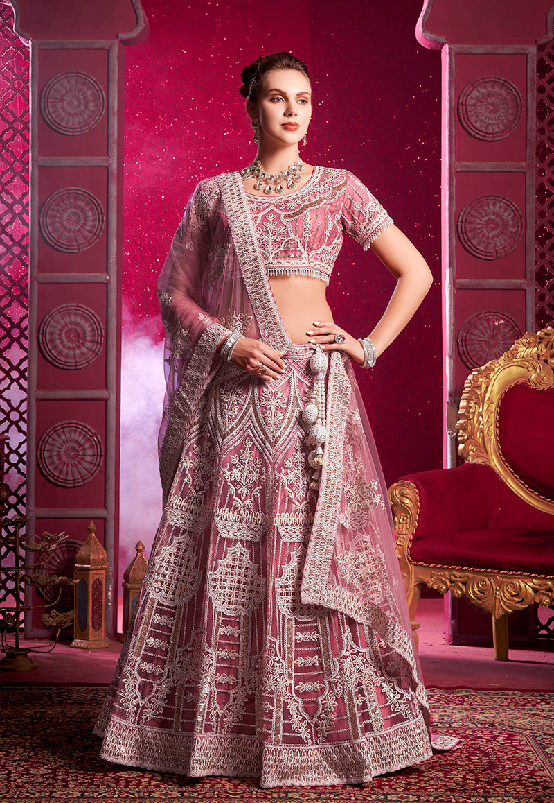 Pink Net Wedding Lehenga Choli with Embroidery and Sequins