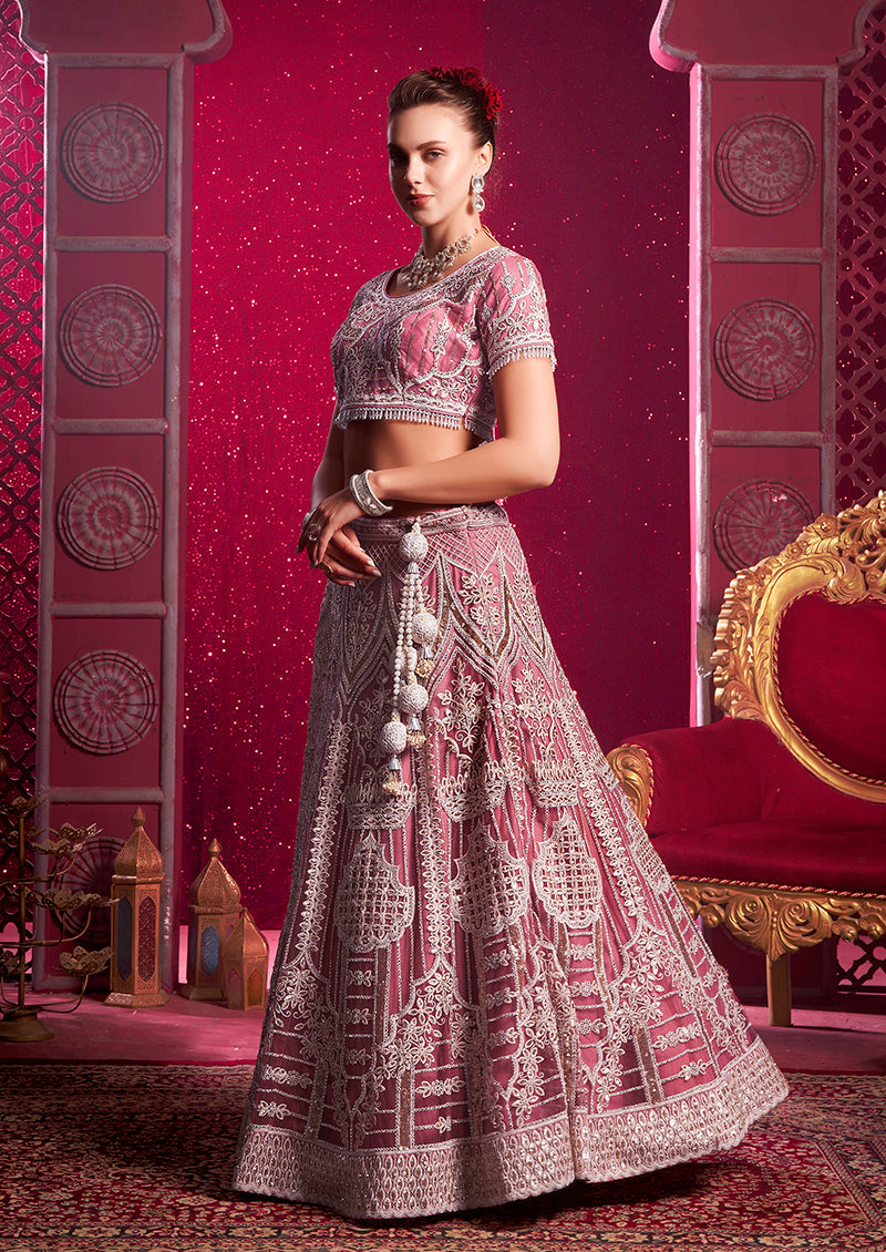 Pink Net Wedding Lehenga Choli with Embroidery and Sequins