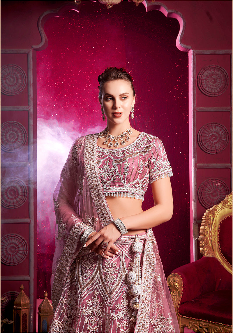 Pink Net Wedding Lehenga Choli with Embroidery and Sequins