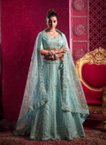 Aqua blue net wedding lehenga choli with detailed embroidery and sequins