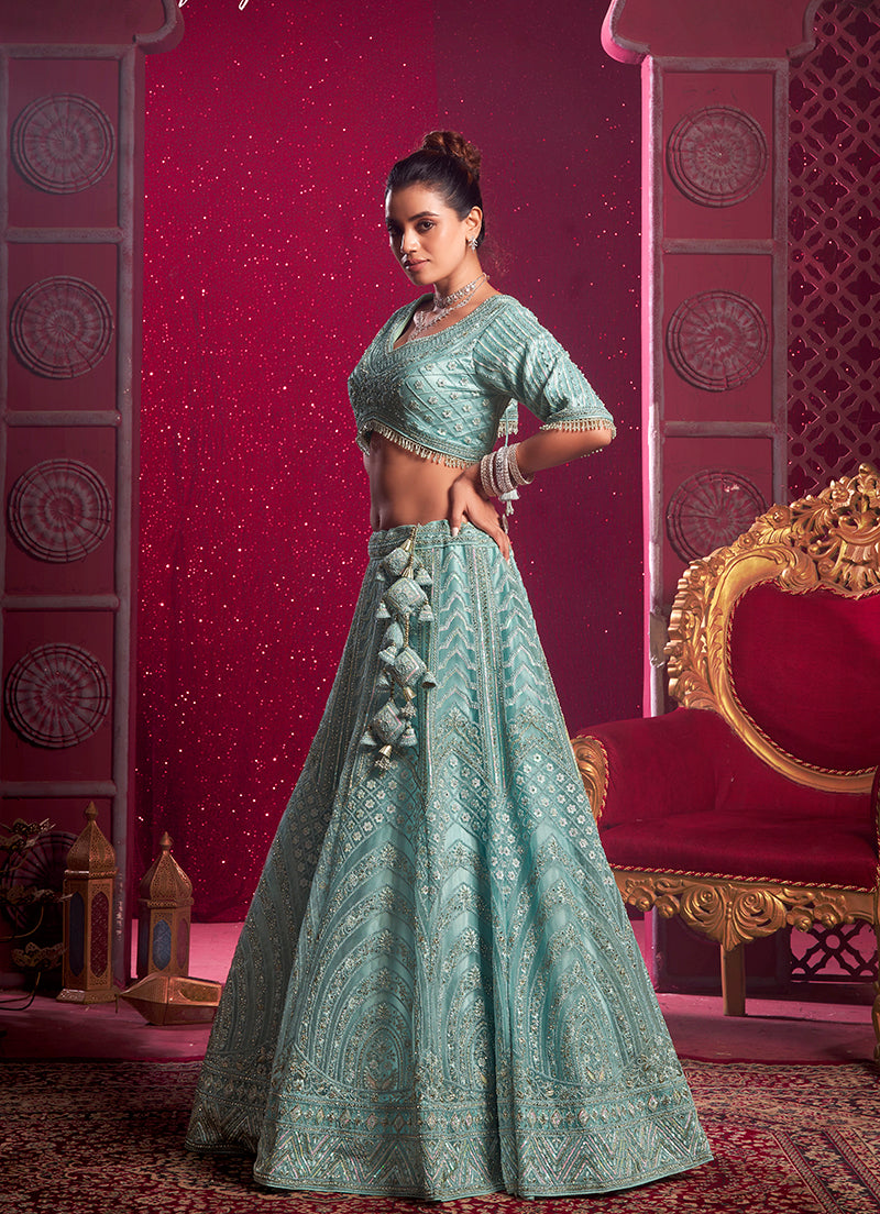 Aqua Blue Net Wedding Lehenga Choli with Embroidery & Sequins
