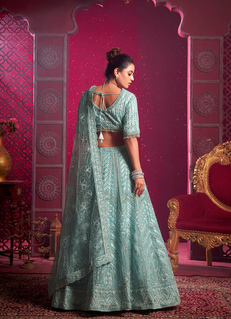 Aqua Blue Net Wedding Lehenga Choli with Embroidery & Sequins