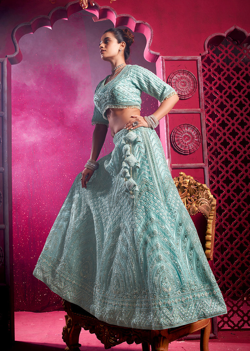 Aqua Blue Net Wedding Lehenga Choli with Embroidery & Sequins