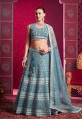 Blue net wedding lehenga choli with sequin and embroidery