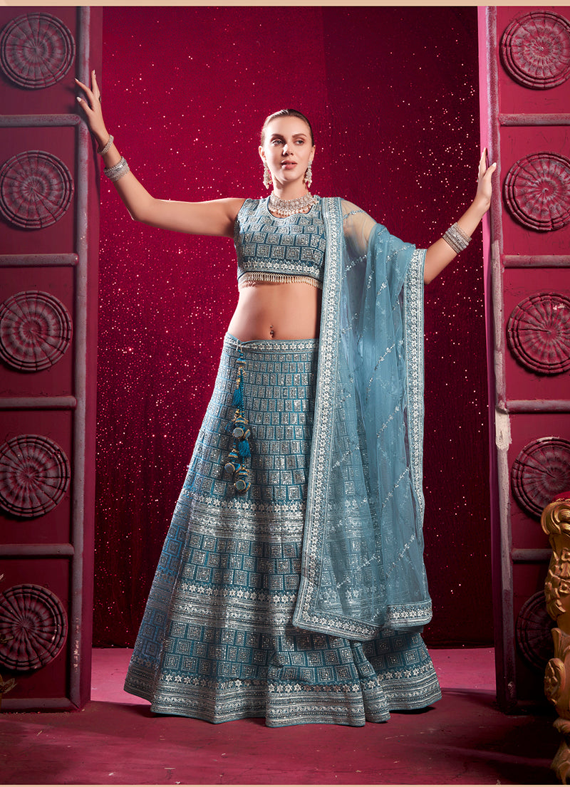 Blue Embroidered And Sequin Work Wedding Lehenga Choli