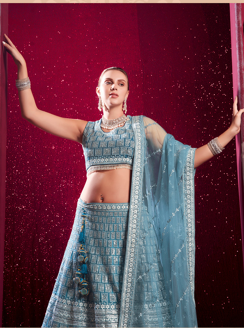 Blue Embroidered And Sequin Work Wedding Lehenga Choli