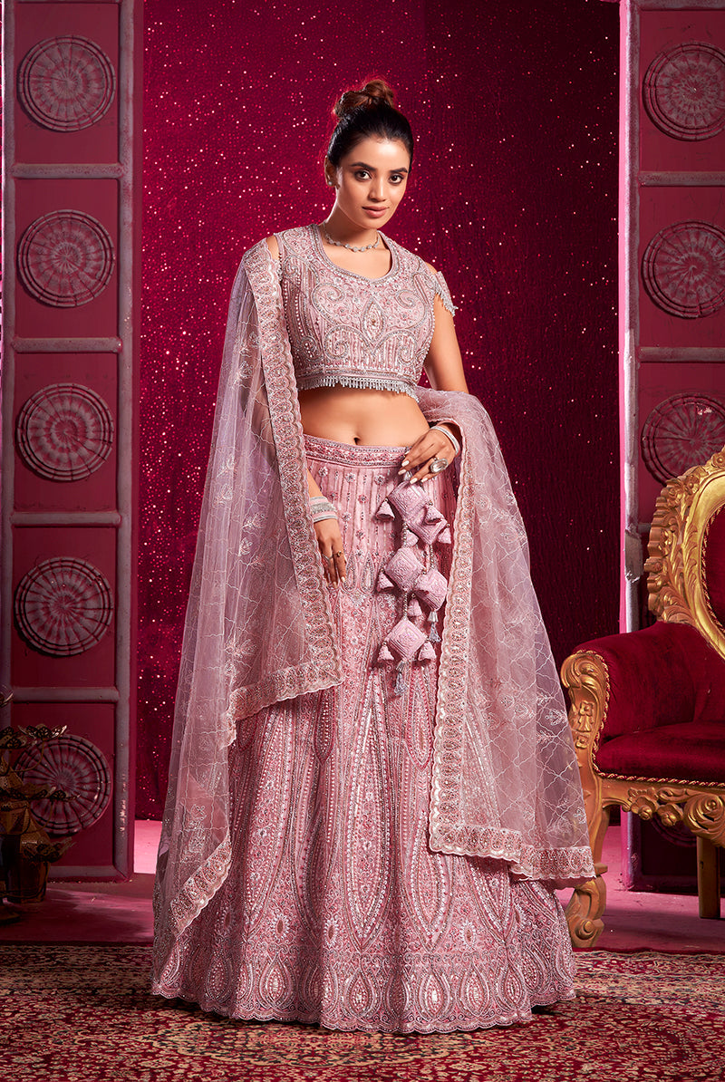Pink net wedding lehenga choli with sequin and embroidery details