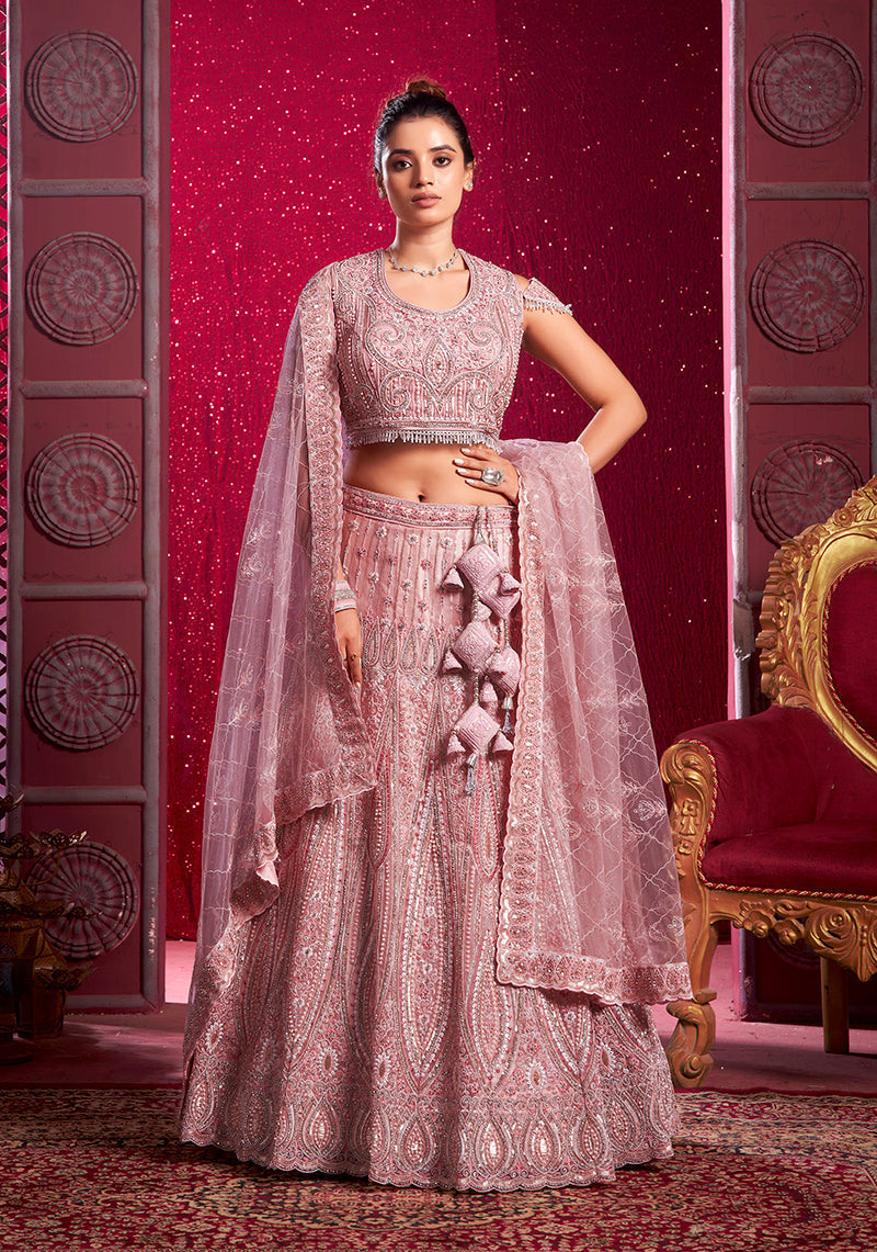 Pink Net Embroidered And Sequin Work Wedding Lehenga Choli