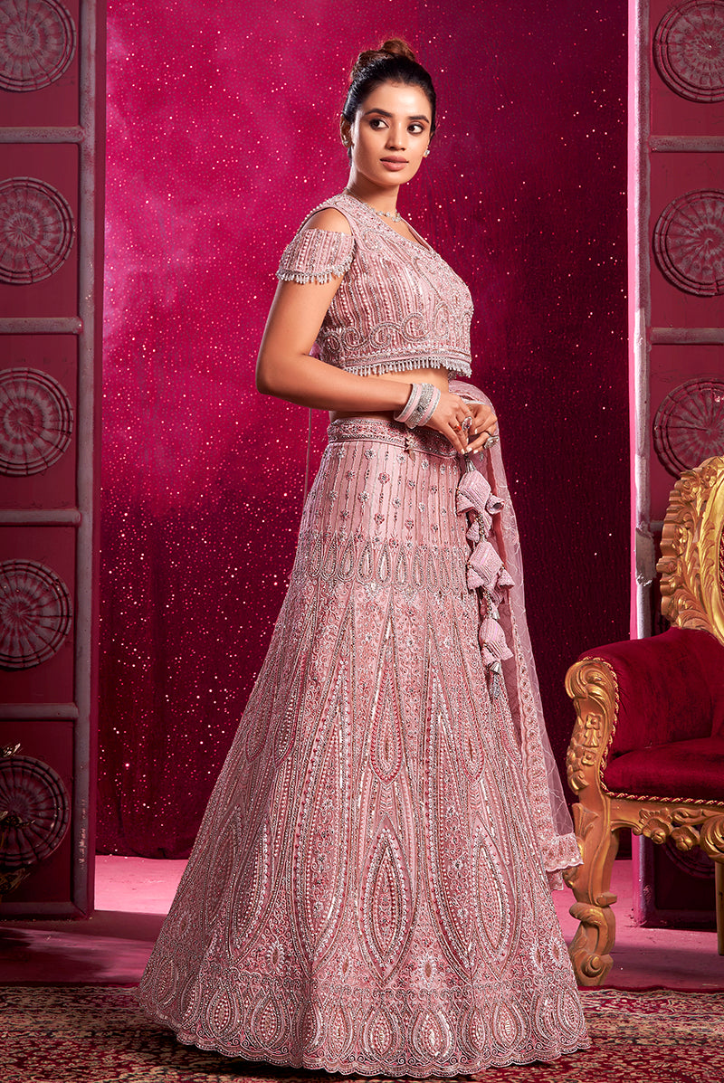 Pink Net Embroidered And Sequin Work Wedding Lehenga Choli