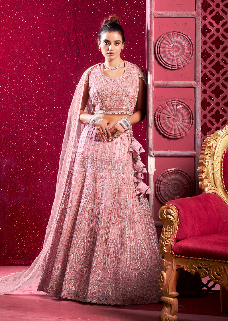Pink Net Embroidered And Sequin Work Wedding Lehenga Choli