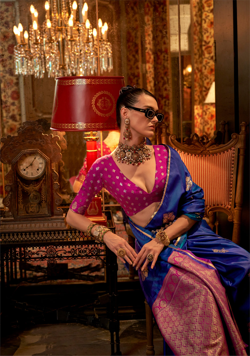 Royal Blue Weaving Work Satin Contemporary Saree for Weddings