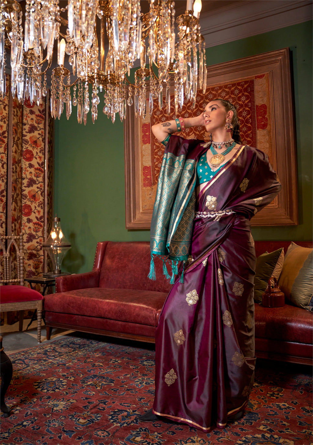 Wine Weaving Work Satin Designer Saree for Evening Glamour