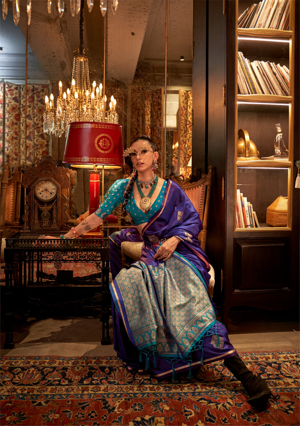 Teal Satin Traditional Saree with Gold Geometric Weaving Work