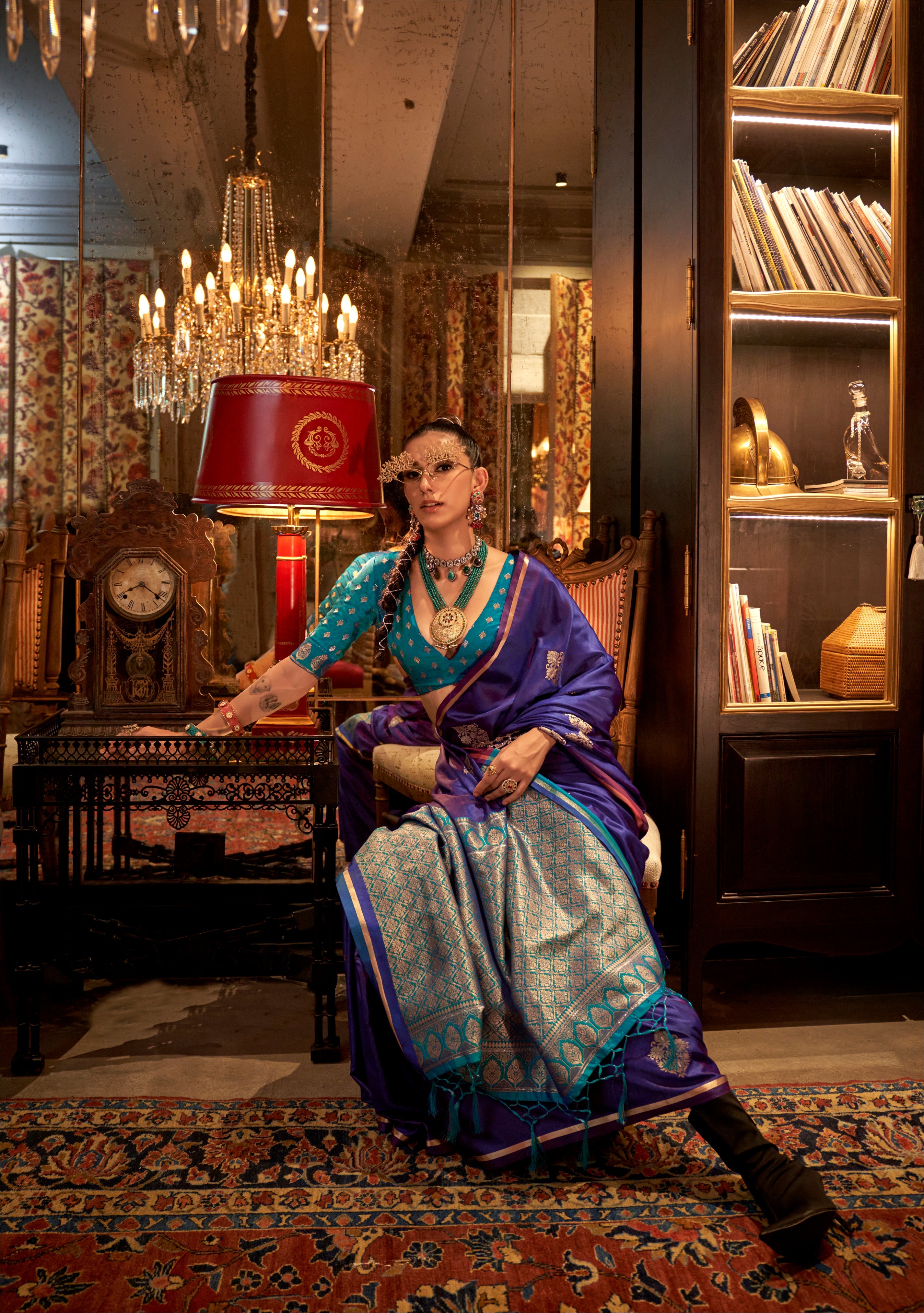 Teal Satin Traditional Saree with Gold Geometric Weaving Work