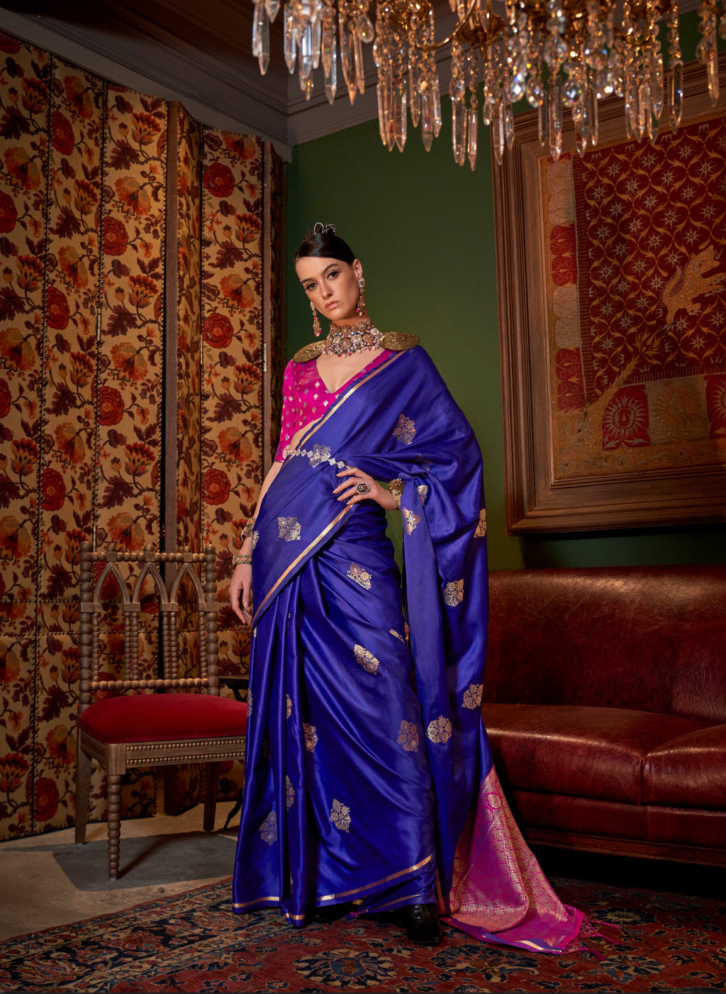 Exquisite blue satin classic saree with intricate woven details