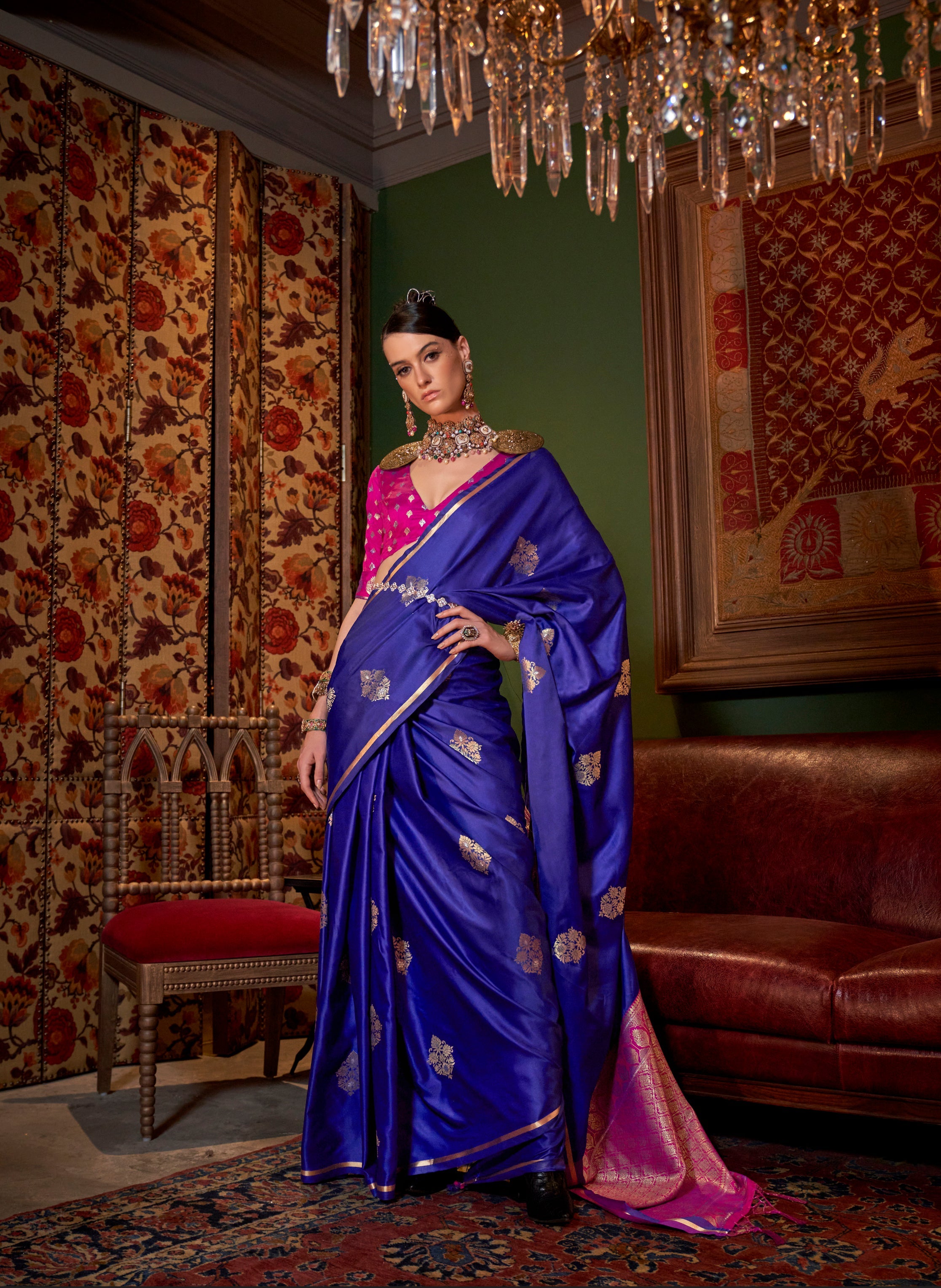 Exquisite blue satin classic saree with intricate woven details