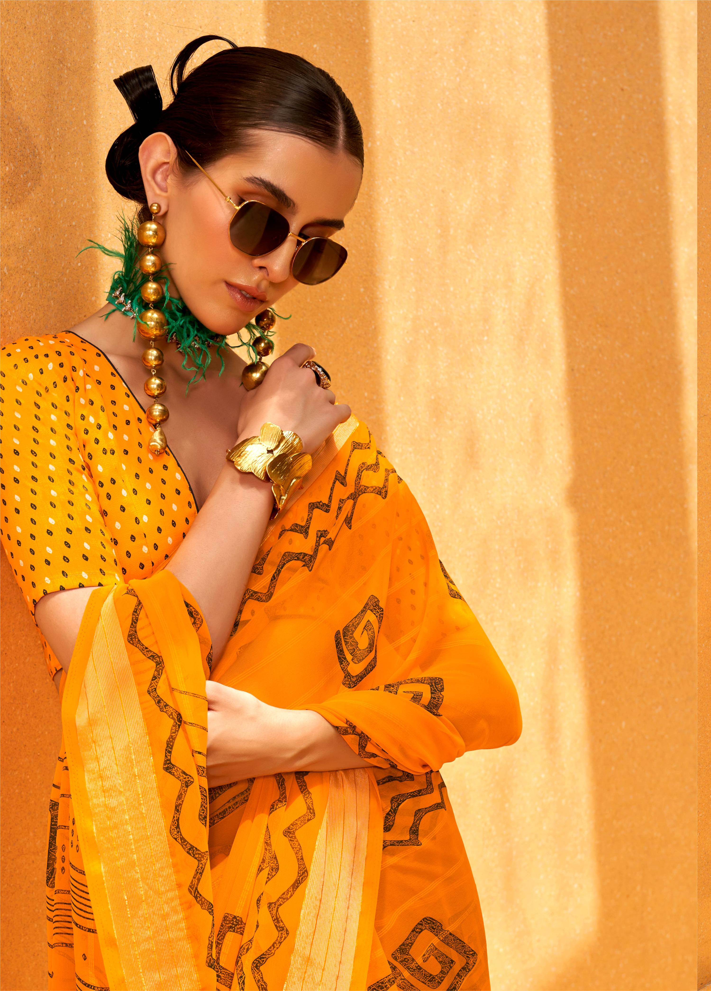 Yellow Printed Georgette Contemporary Saree