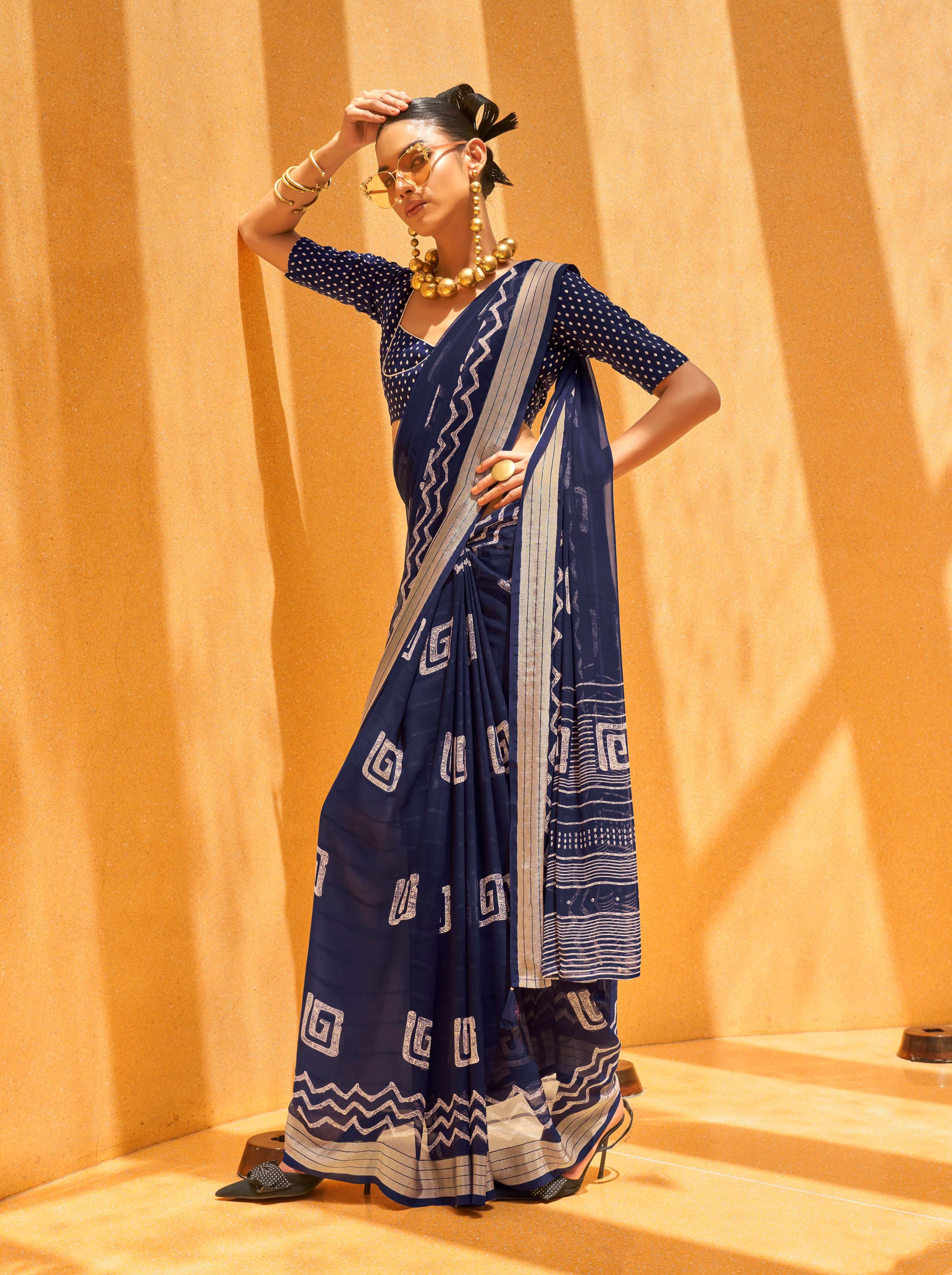 Navy blue georgette designer saree with trendy print