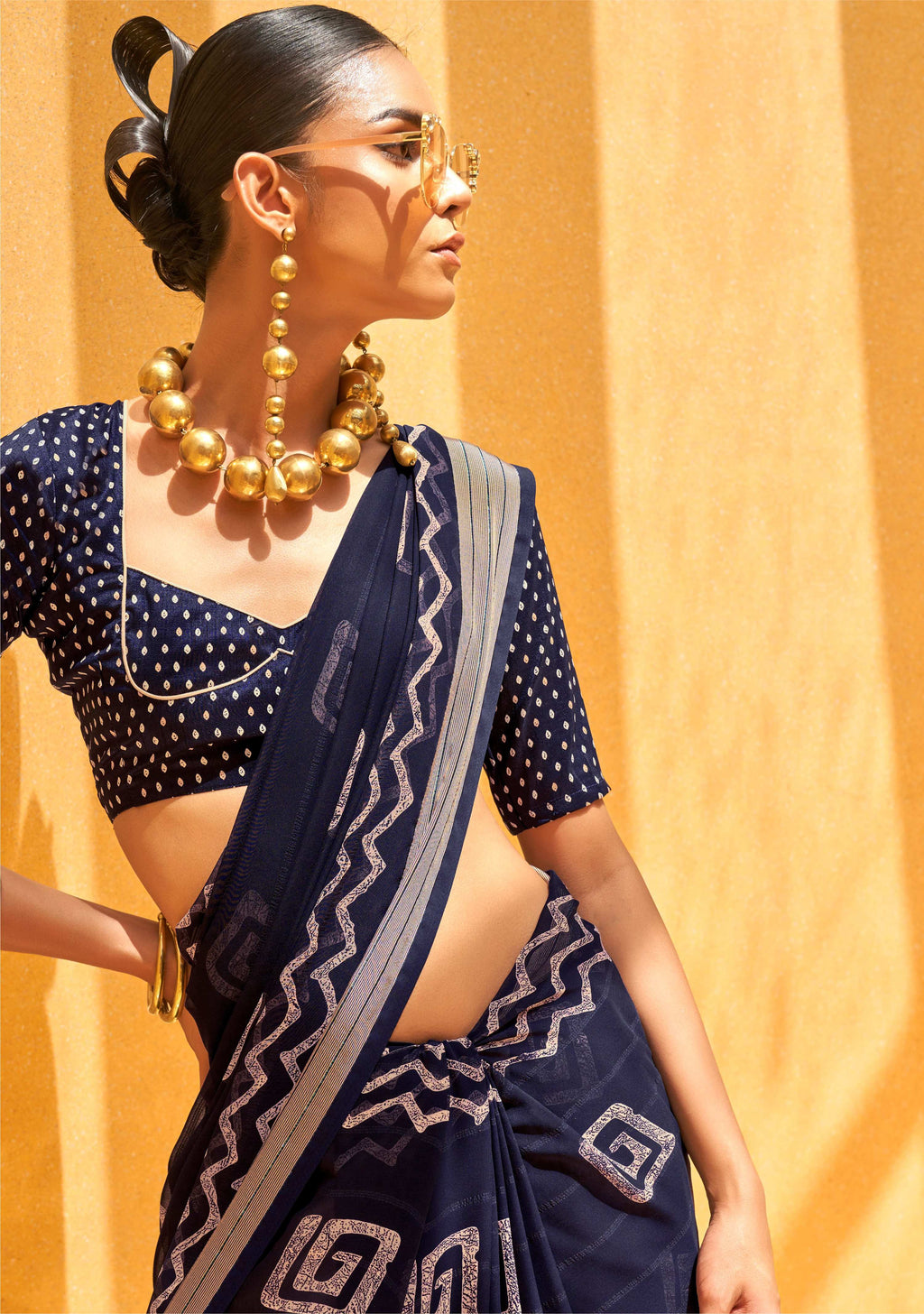 Navy Blue Georgette Designer Saree with Floral Print