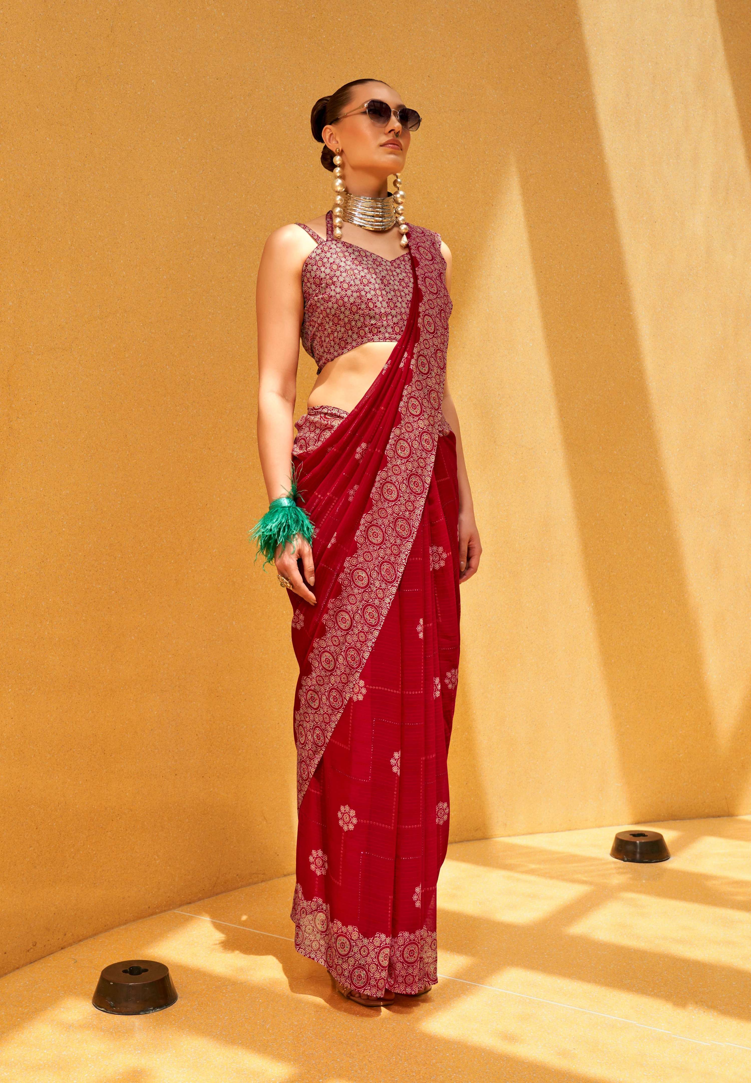 Hot Pink Georgette Printed Saree for Party Wear