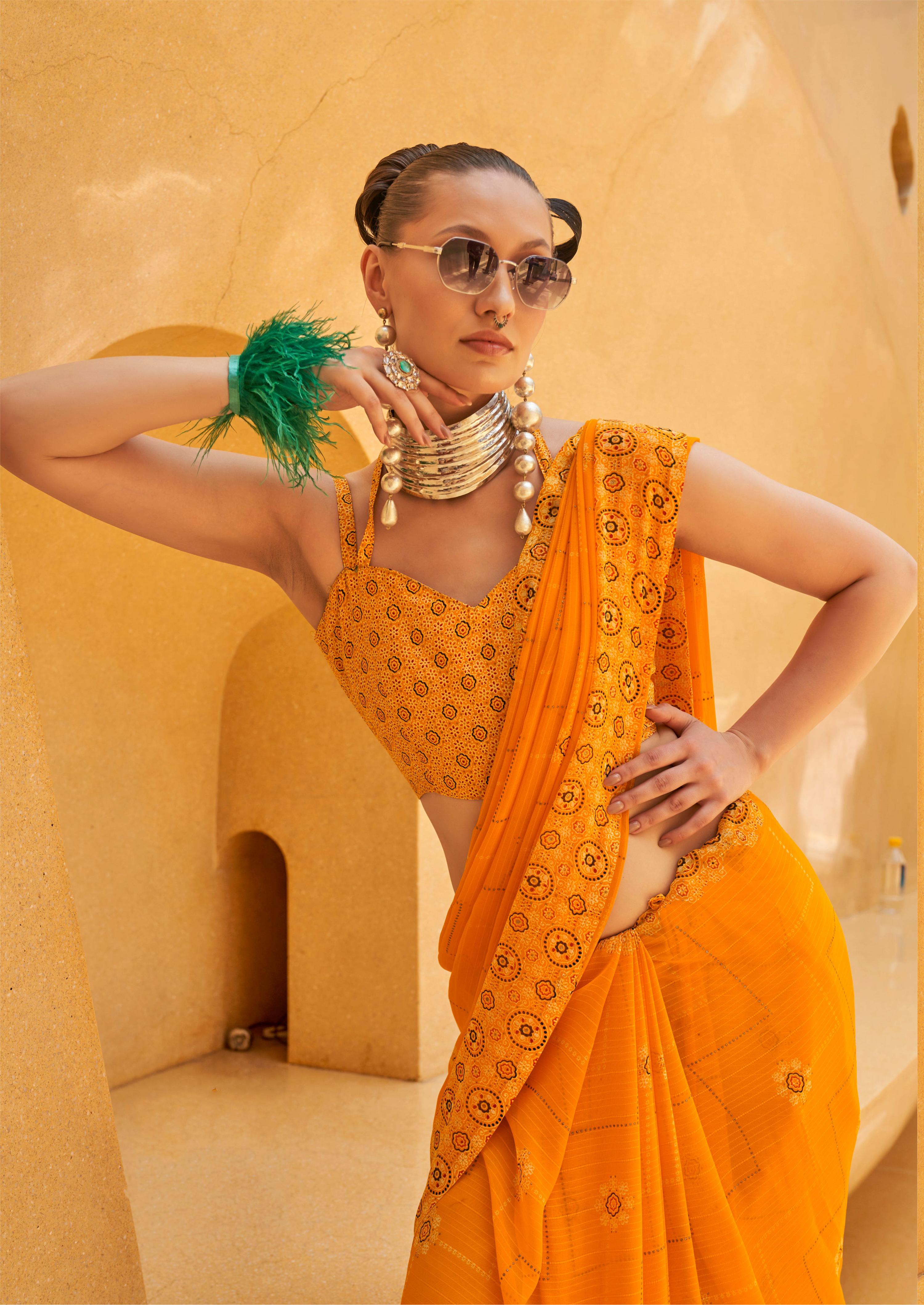 Yellow Printed Georgette Saree for Women Trendy Ethnic Wear