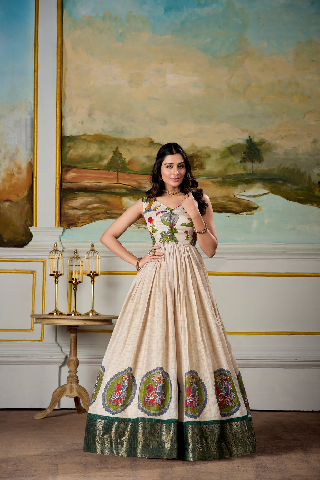 Cream and Green Dola Silk Kalamkari Gown with Zari Border and Koti