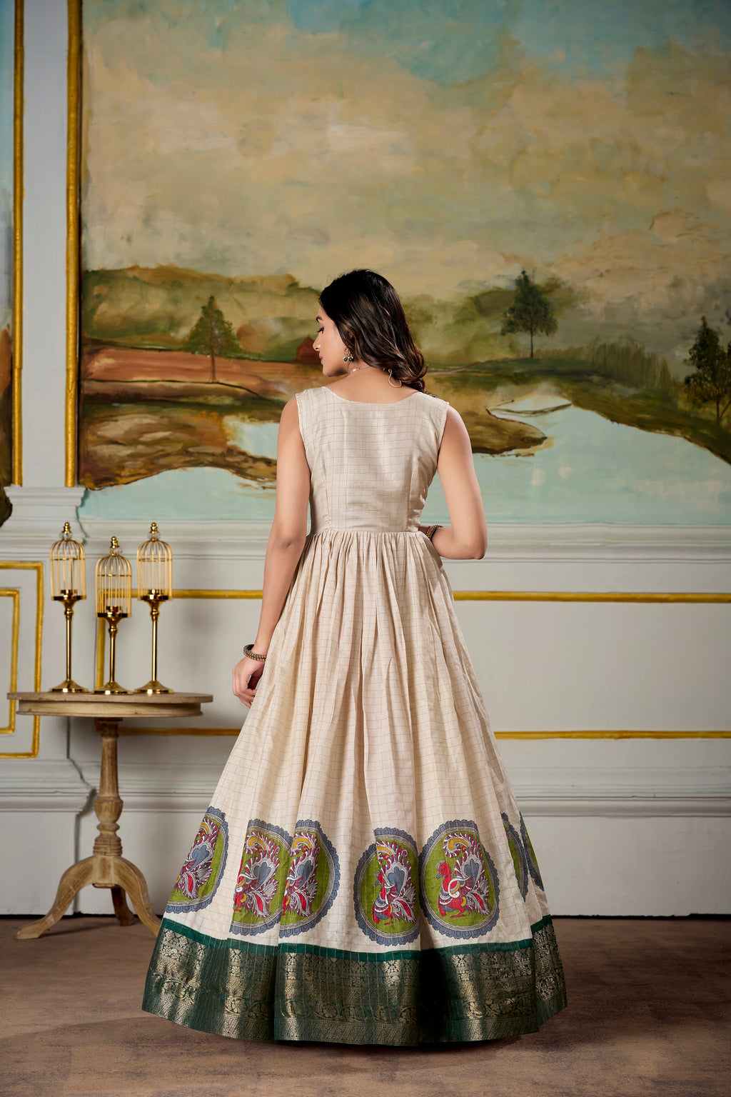 Cream and Green Dola Silk Kalamkari Gown with Zari Border and Koti