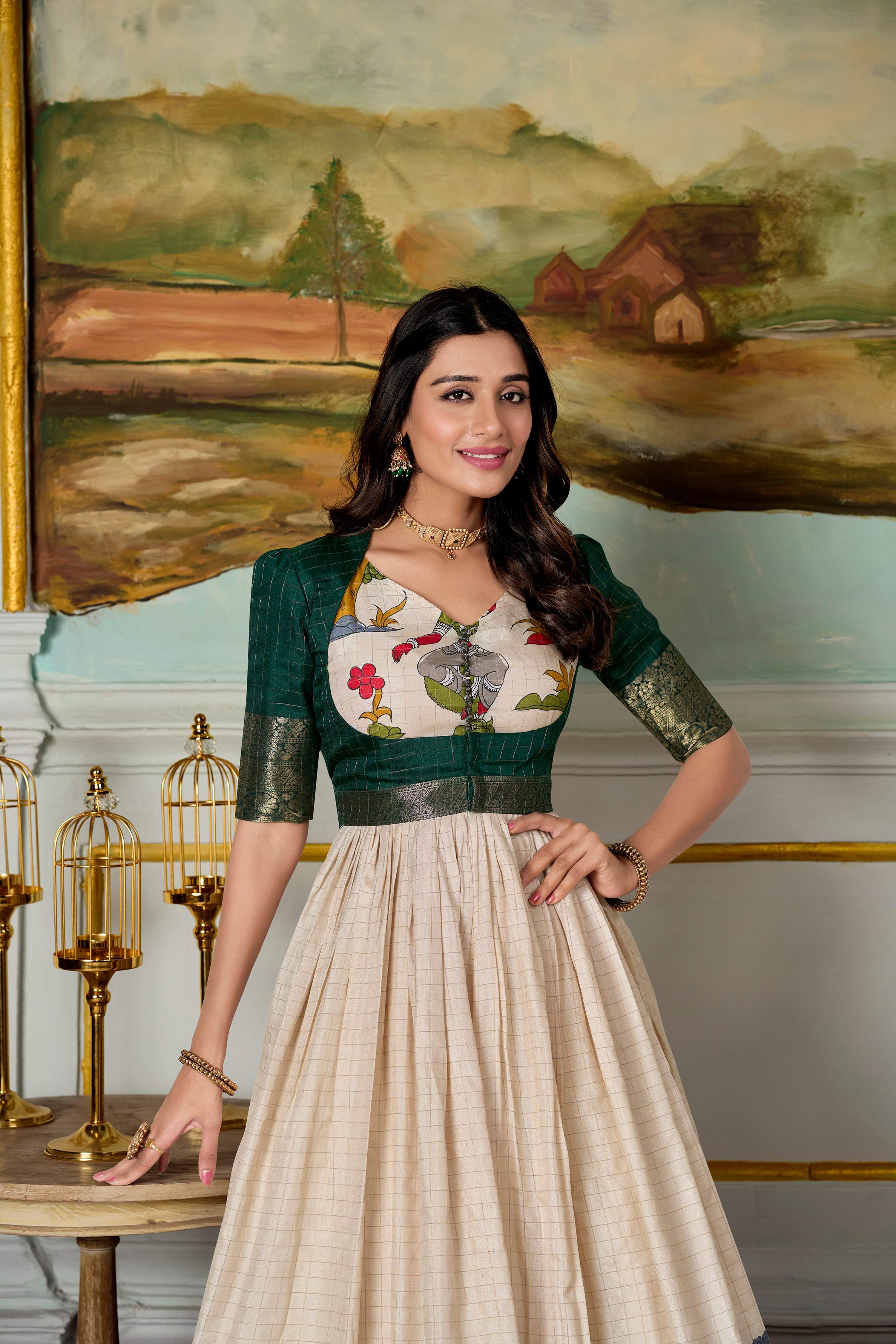 Cream and Green Dola Silk Kalamkari Gown with Zari Border and Koti