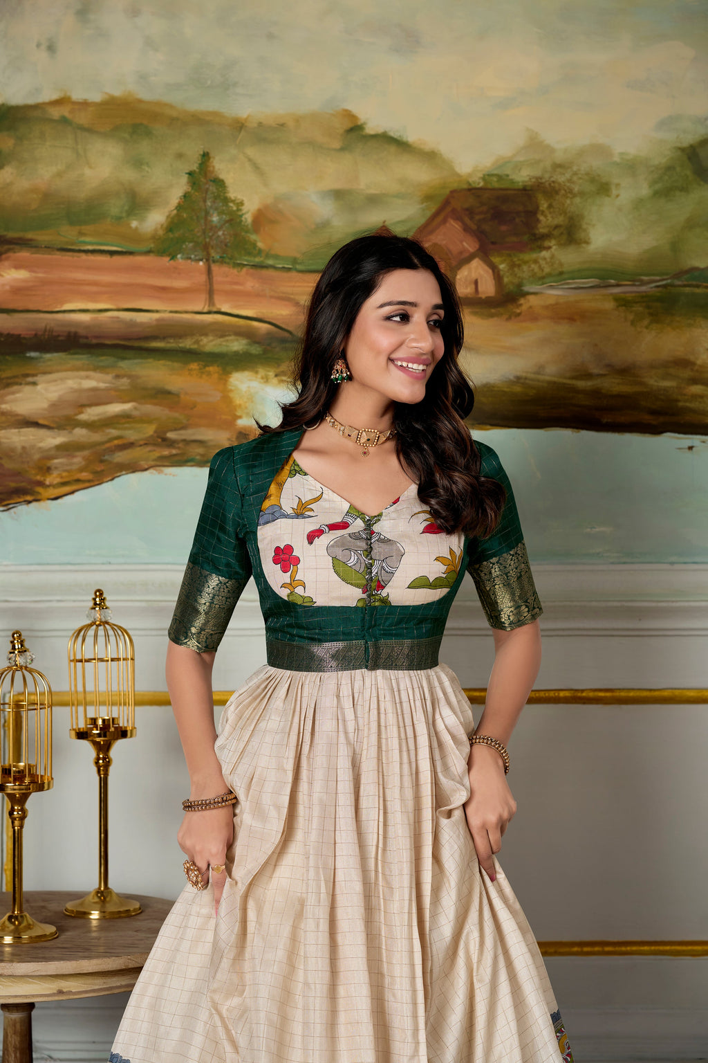 Cream and Green Dola Silk Kalamkari Gown with Zari Border and Koti