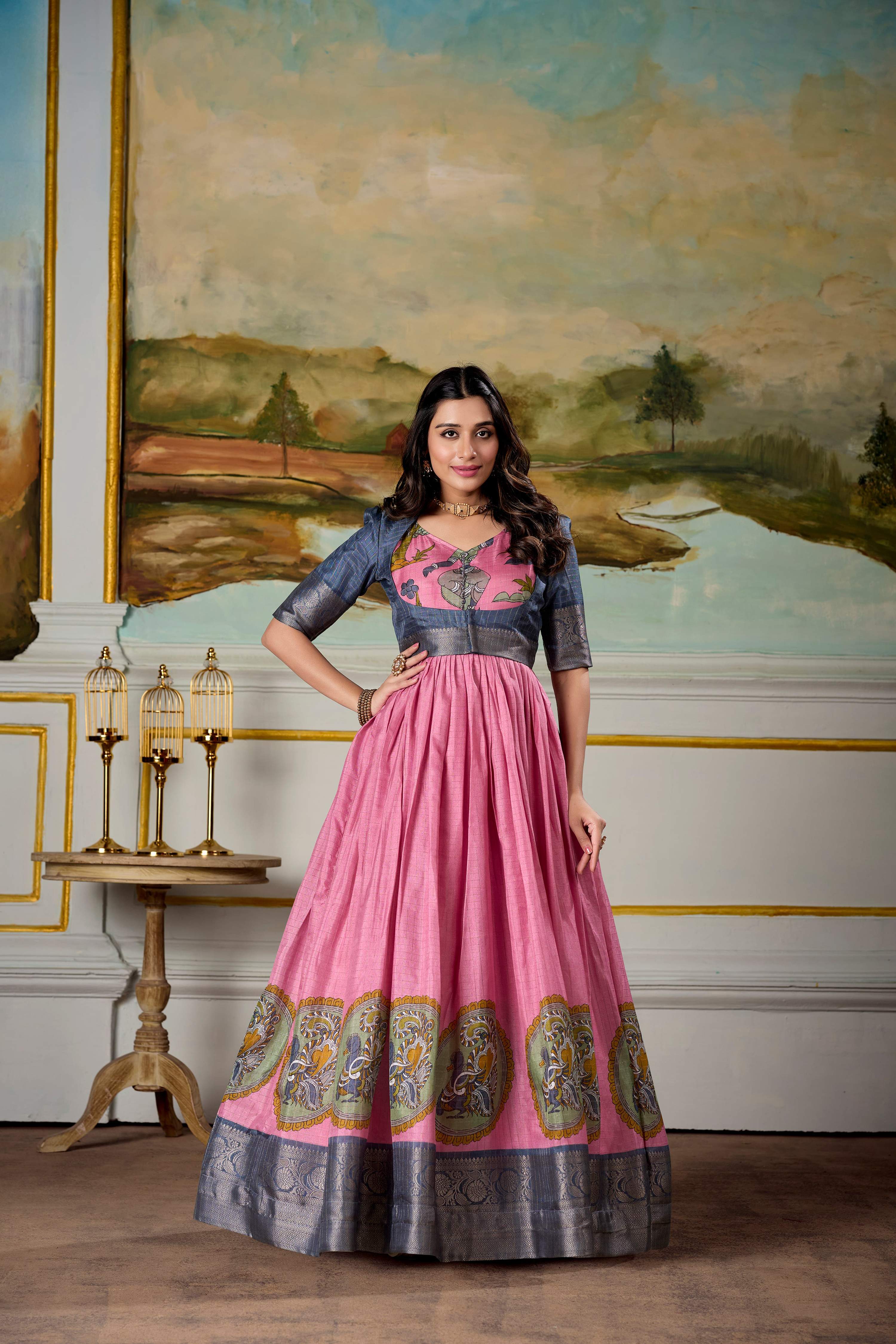 Pink and Grey Dola Silk Kalamkari gown with Zari border and Koti