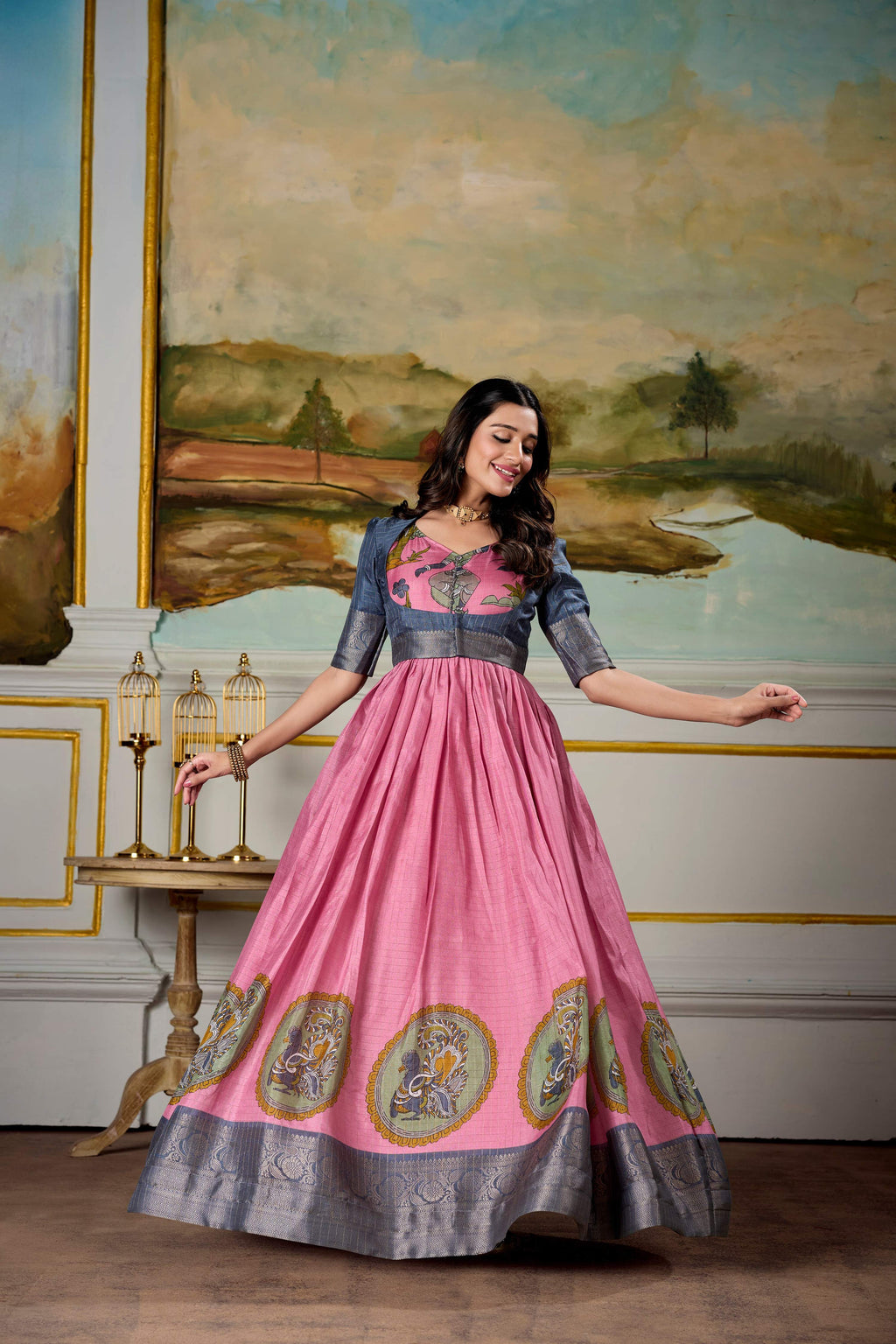 Pink and Grey Dola Silk Kalamkari Gown with Zari Border