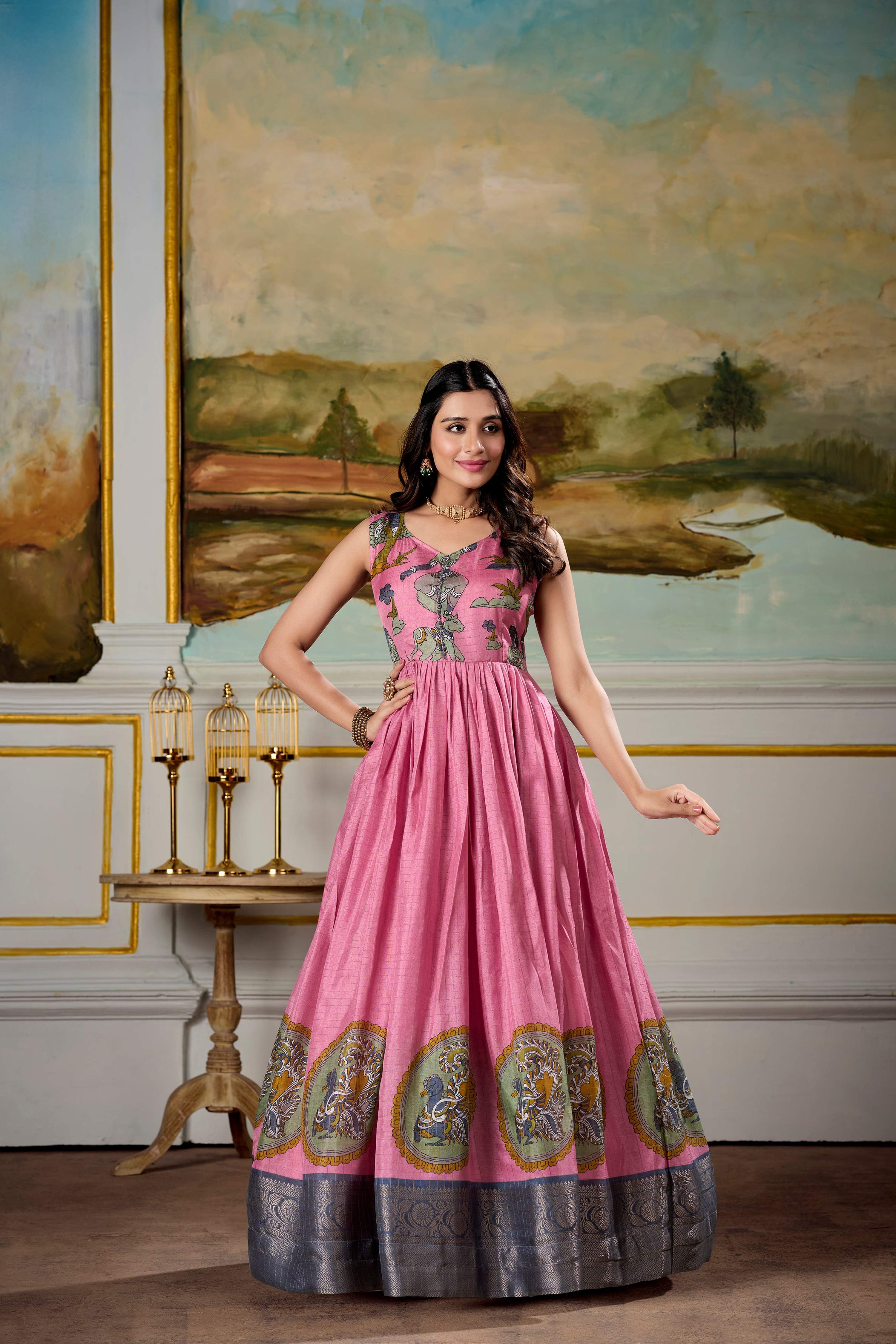 Pink and Grey Dola Silk Kalamkari Gown with Zari Border