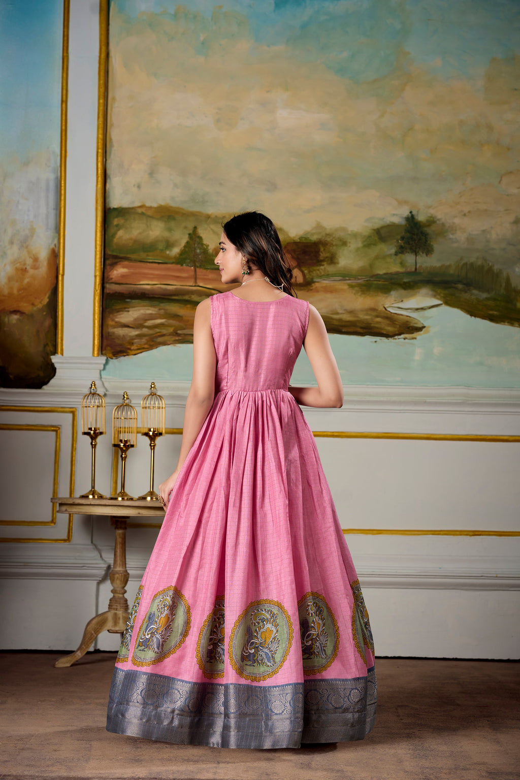 Pink and Grey Dola Silk Kalamkari Gown with Zari Border