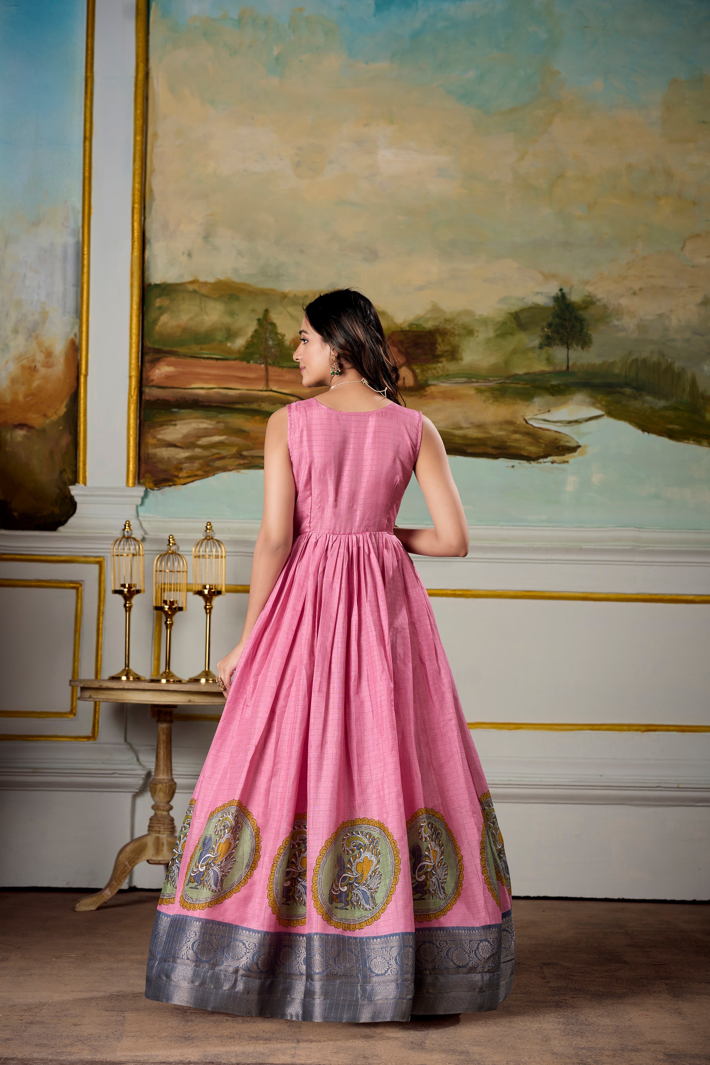 Pink and Grey Dola Silk Kalamkari Gown with Zari Border