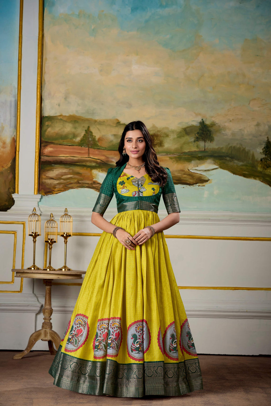 Lorenvalley Fashion Parrot and Green Dola Silk Kalamkari Print With Zari Weaving Broder Gown with Koti