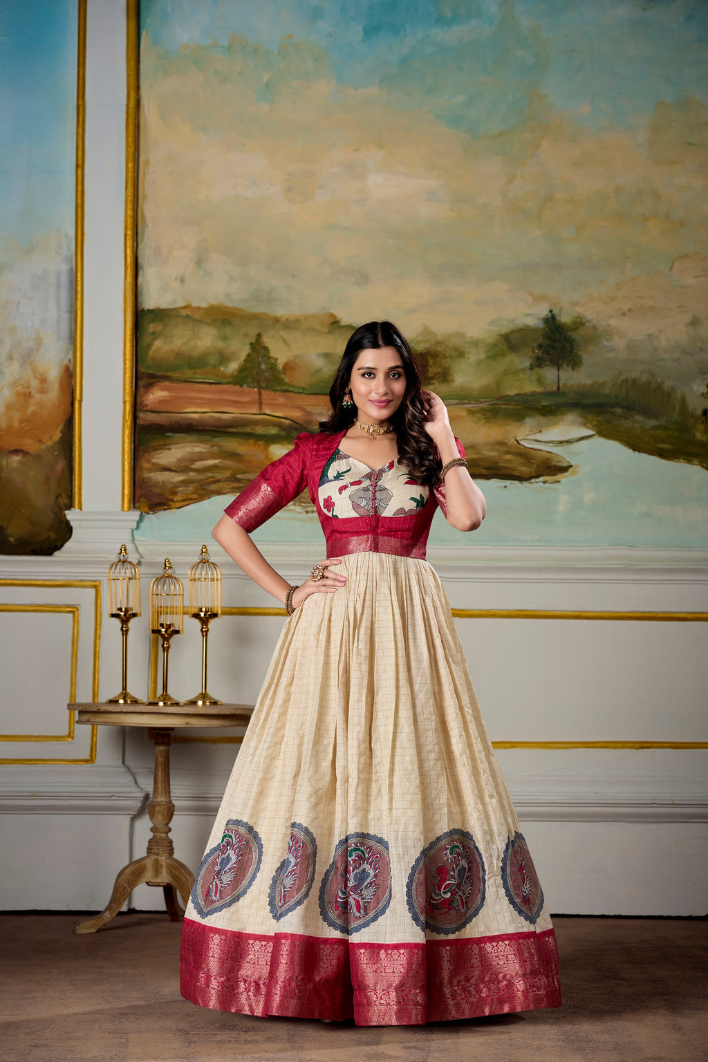 Cream and Red Dola Silk Kalamkari gown with Zari border and Koti