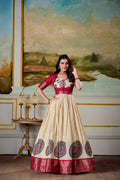 Cream and Red Dola Silk Kalamkari gown with Zari border and Koti