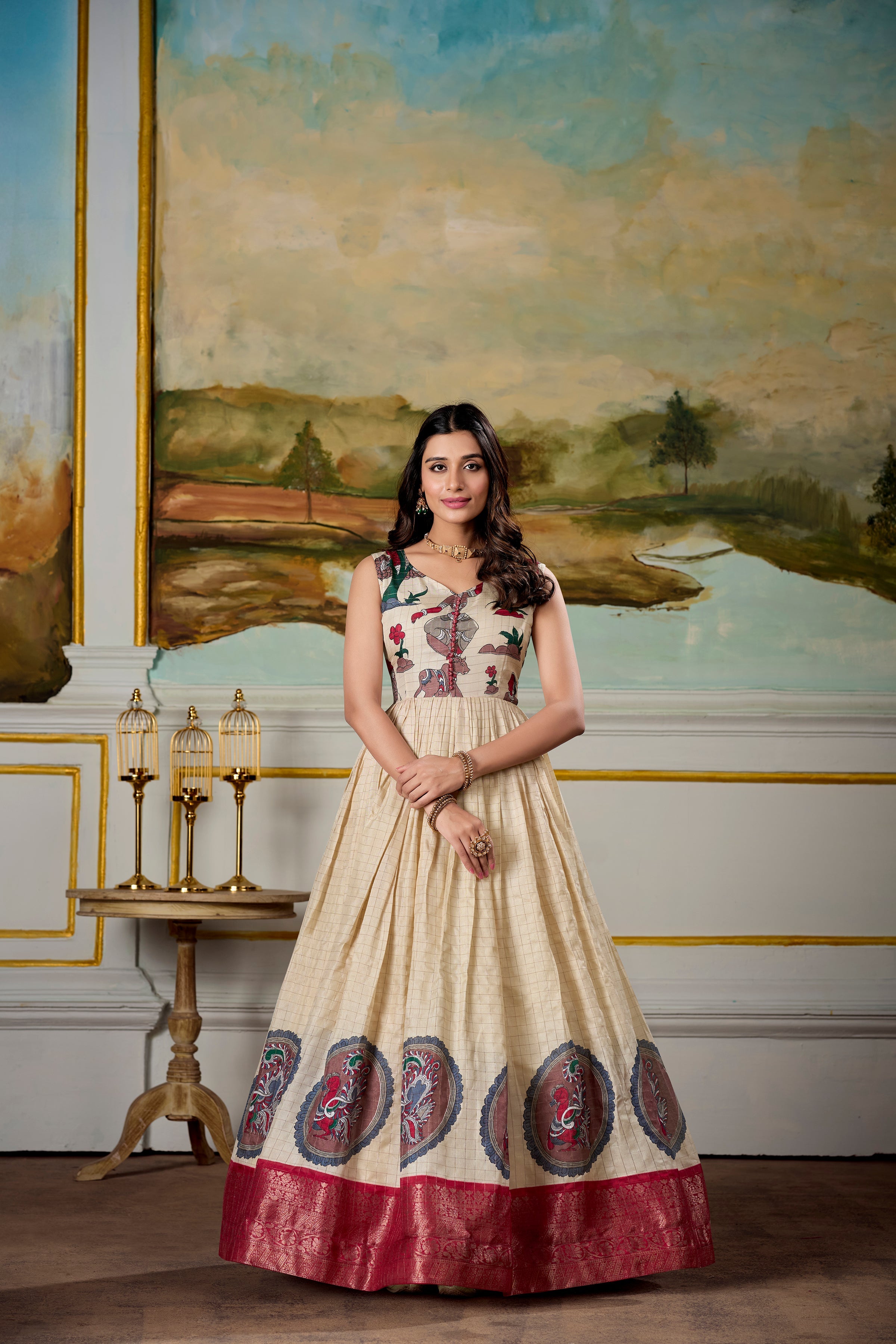 Cream and Red Dola Silk Kalamkari Gown with Zari Border & Koti