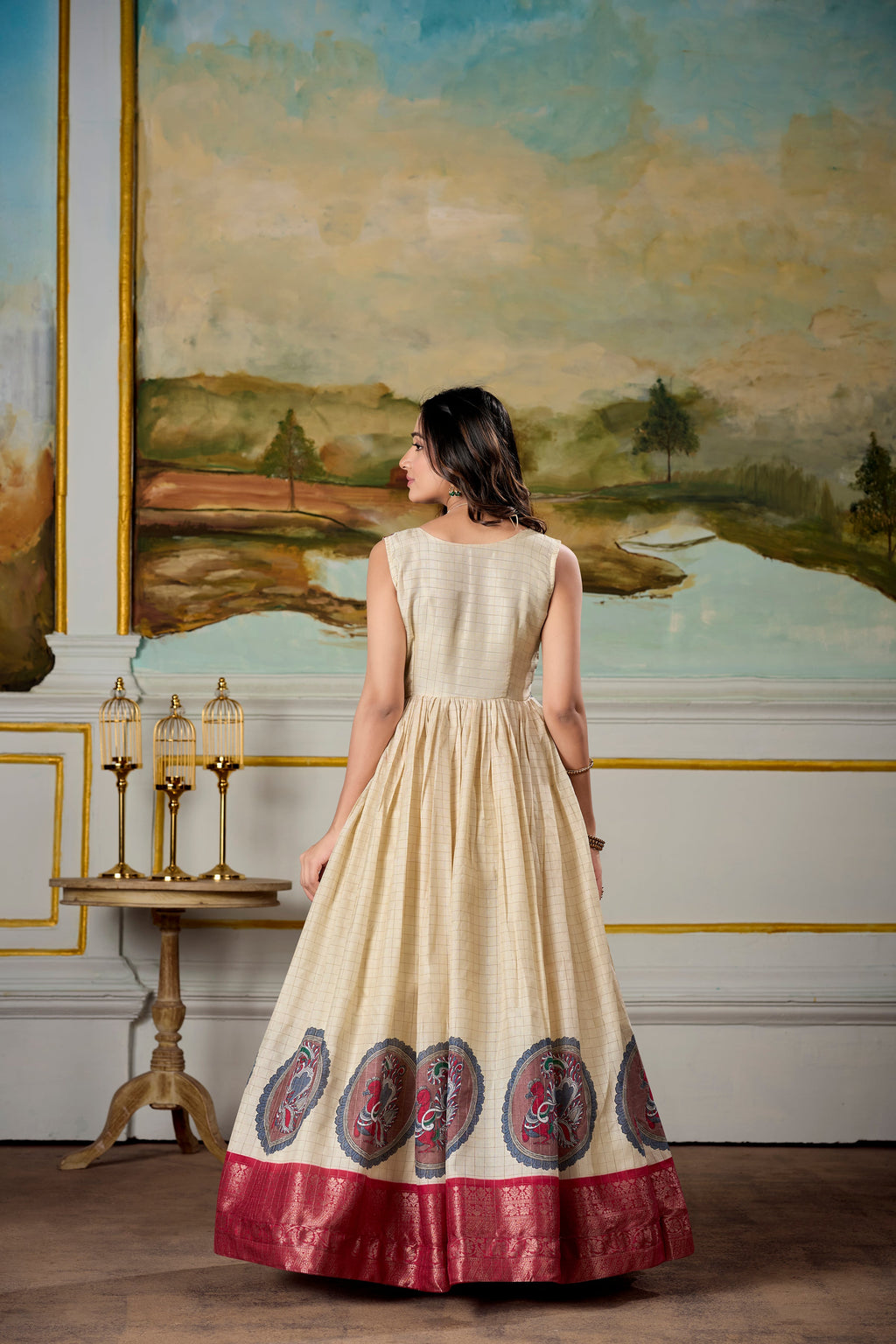 Cream and Red Dola Silk Kalamkari Gown with Zari Border & Koti