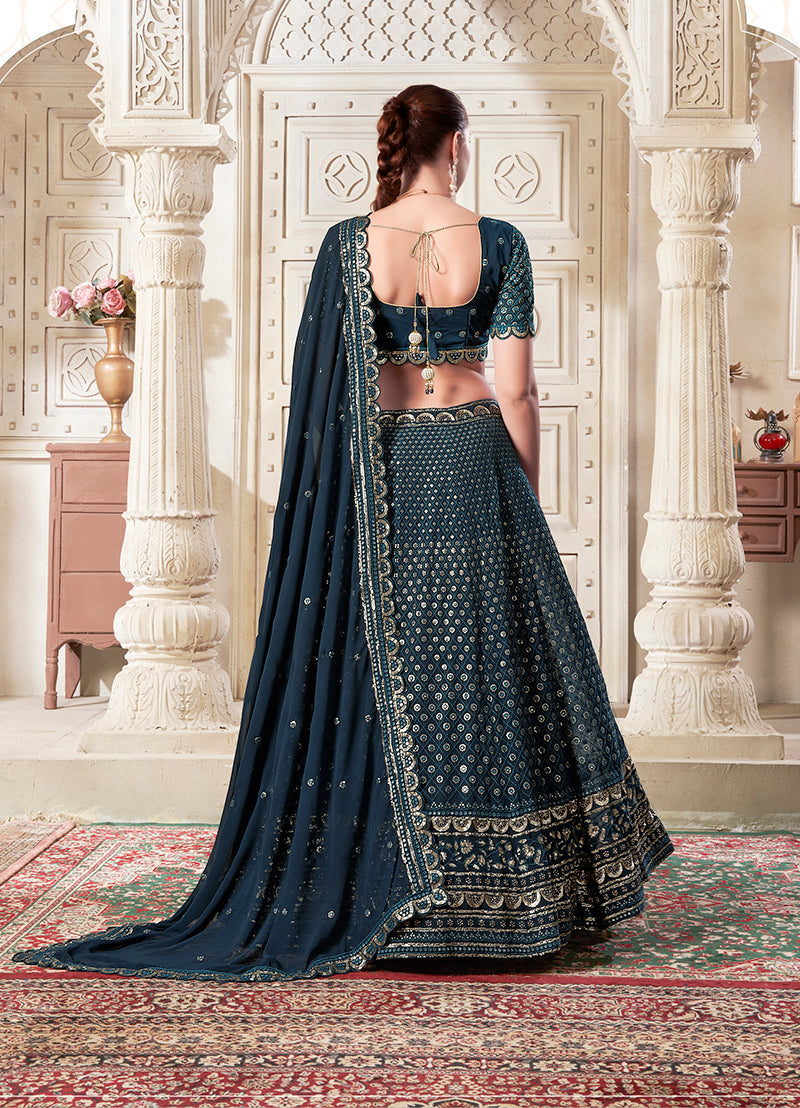 Dark Teal Georgette Designer Lehenga Choli with Sequins