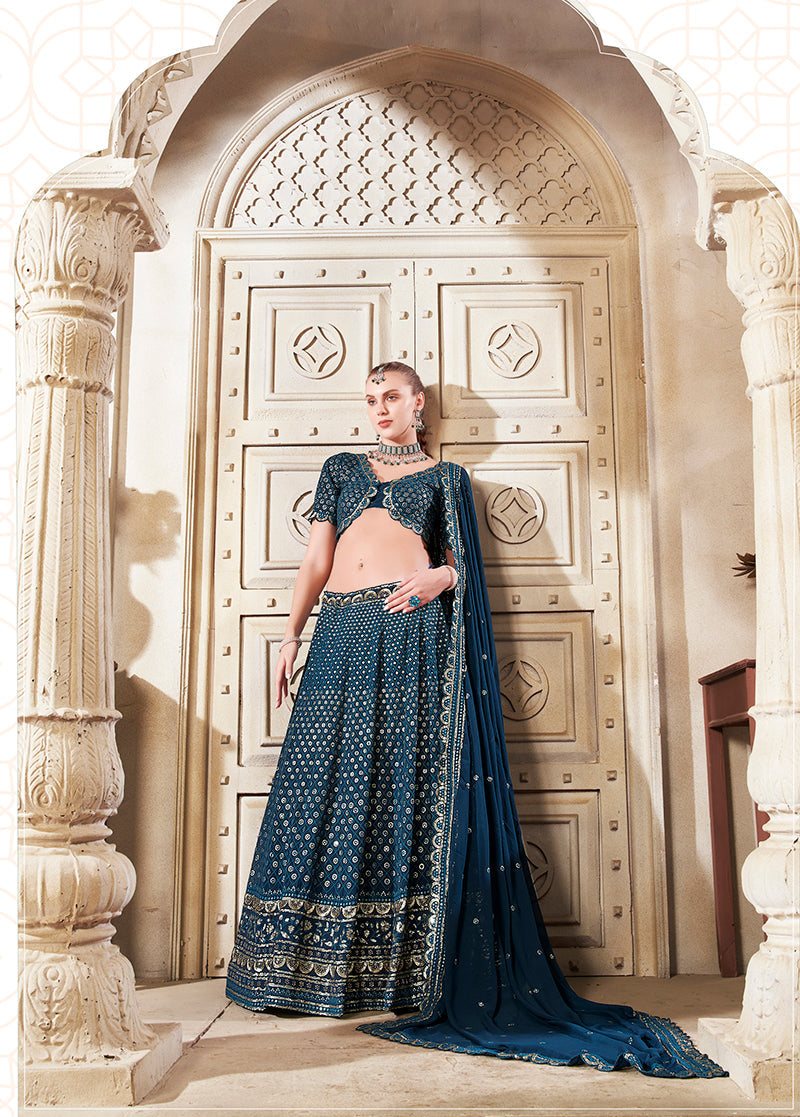 Dark Teal Georgette Designer Lehenga Choli with Sequins