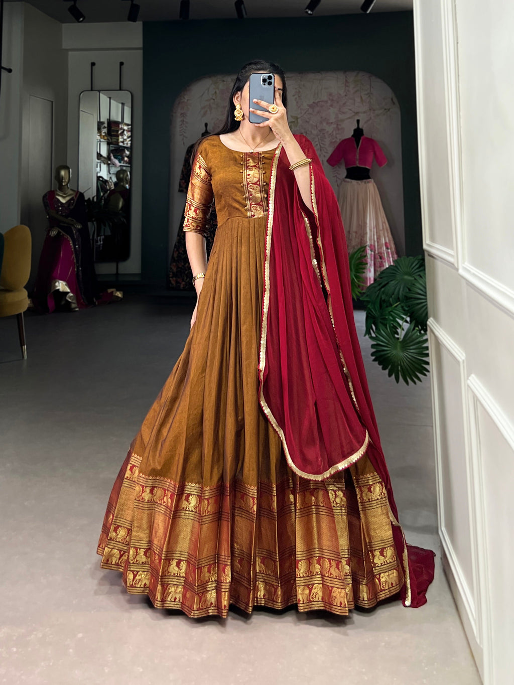 Lorenvalley Fashion Mustard Narayan pet (cotton) Zari weaving work Gown with Dupatta