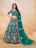 Turquoise art silk lehenga choli with trendy embroidered detailing