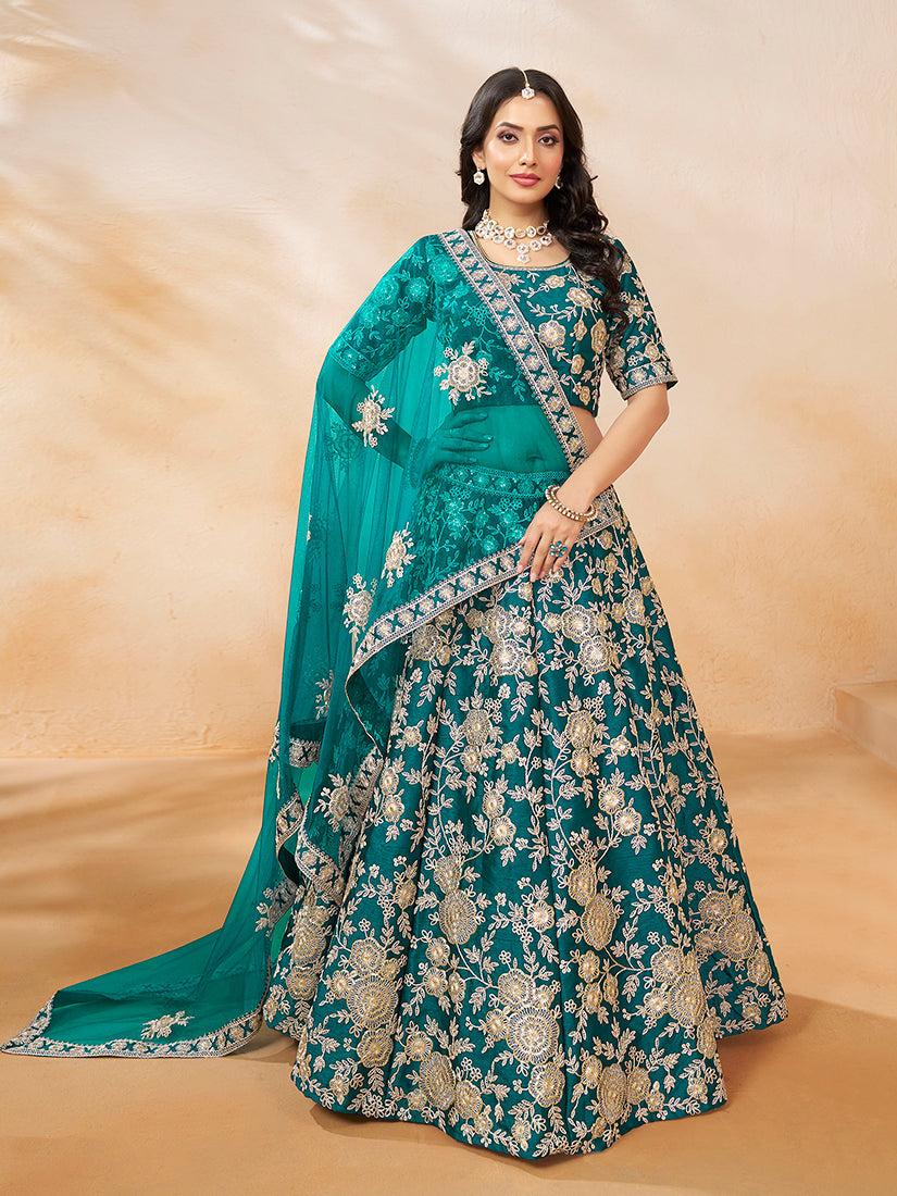 Turquoise Art Silk Embroidered Trendy Lehenga Choli